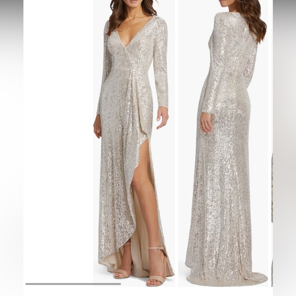 Mac Duggal Silver Sequin Maxi Dress